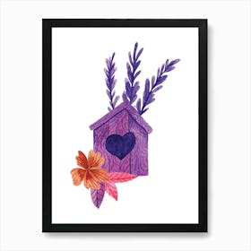 Watercolor Birdhouse with lavender flowers Art Print