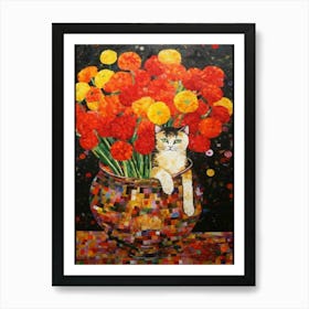 Ranunculus With A Cat 3 Art Nouveau Klimt Style Art Print