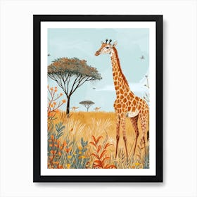 Giraffe By The Baobab Tree Modern Illustration Art Print