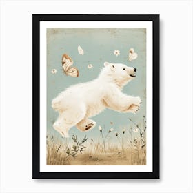 Polar Bear Cub Chasing After A Butterfly Storybook Illustration 4 Art Print