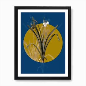 Vintage Botanical Summer Snowflake on Circle Yellow on Blue Art Print
