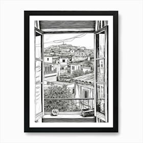 Window View Of Athens Greece   Black And White Colouring Pages Line Art 1 Art Print