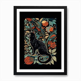 William Morris  Inspired Cats Collection Black Background Leaves Art Print