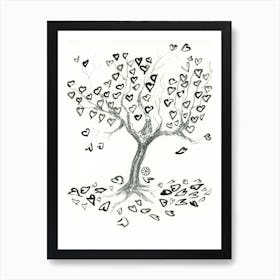 Tree Of Black Hearts - black and white ink graphite love romance Art Print