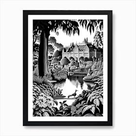 Nymphenburg Palace Gardens, 1, Germany Linocut Black And White Vintage Art Print