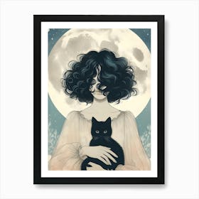 Black cat and mysterious woman under glowing moonlight Poster