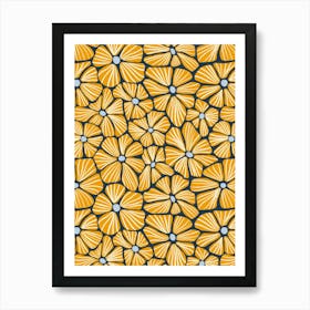 Flower Mosaic Gold Navy Textured Hand Drawn Art Print