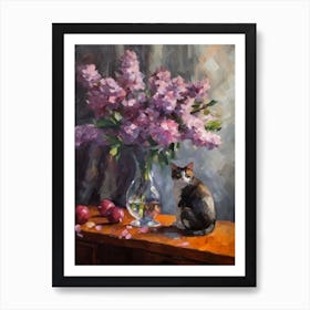 Flower Vase Lilac With A Cat 4 Impressionism, Cezanne Style Art Print