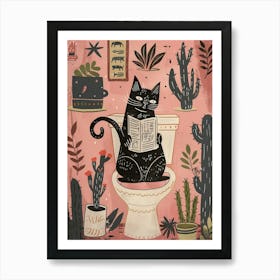 Cat On The Toilet Print Cactus Pink Bathroom Print Cat Lover Gift Funny Bathroom, Housewarming Art Print