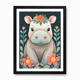 Floral Baby Hippo Nursery Illustration (34) Art Print