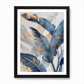 Blue And Gold Banana Leaves Art Print