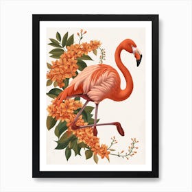 American Flamingo And Bougainvillea Minimalist Illustration 4 Art Print