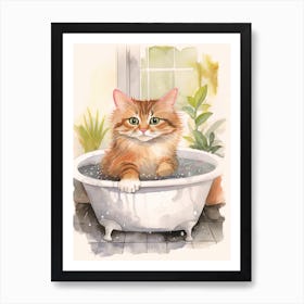 American Bobtail Cat In Bathtub Botanical Bathroom 2 Art Print