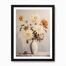 Dahlia, Autumn Fall Flowers Sitting In A White Vase, Farmhouse Style 2 Art Print