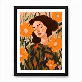 Woman With Autumnal Flowers Portulaca 1 Art Print