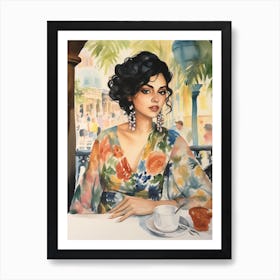 At A Cafe In Barcelona Spain Watercolour Art Print