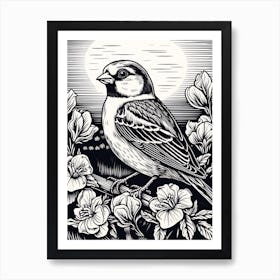 B&W Bird Linocut House Sparrow 2 Art Print