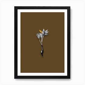 Vintage Autumn Crocus Black and White Gold Leaf Floral Art on Coffee Brown n.0354 Art Print