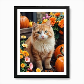 Orange Cat With Pumpkins Art Print