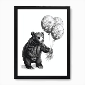 Malayan Sun Bear Holding Balloons Ink Illustration 1 Art Print