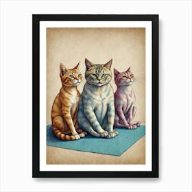 Three Cats Sitting On A Yoga Mat Art Print