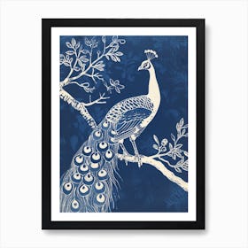 Navy Blue Linocut Inspired Peacock In A Tree 2 Art Print