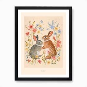 Folksy Floral Animal Drawing Rabbit Poster Art Print