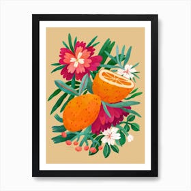 Colorful Oranges With Pink Flowers Art Print