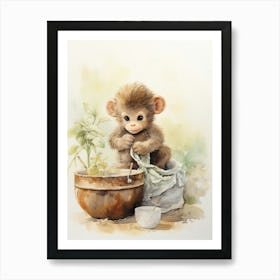 Monkey Painting Knitting Watercolour 3 Art Print