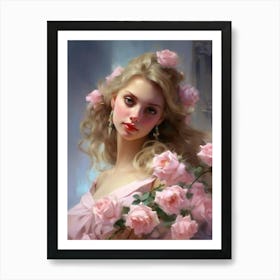 Beautiful Girl With Pink Roses Art Print