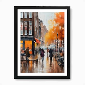 Amsterdam cafes, autumn season, rain, autumn oil colours.Faded colours,People passing on the street, winter clothes, rain umbrellas.11 3 Art Print