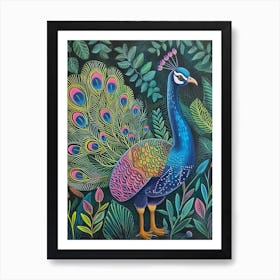 Folky Floral Peacock With Its Feathers Open 2 Art Print