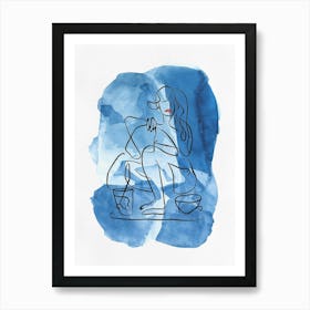 Line Art Woman Drawing on Watercolor Background Art Print