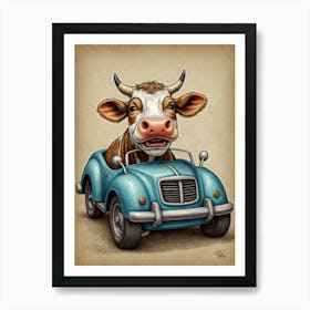Cow In Car Art Print