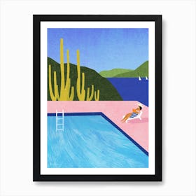 Reading After Swimming, Pink Pool Vacation Art Print