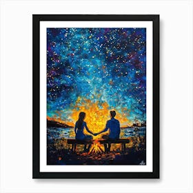 Young Couple In Love Holding Hands Sitting On Bench Near Bonfire Fire In Beautiful Night Starry Sky 1 Art Print