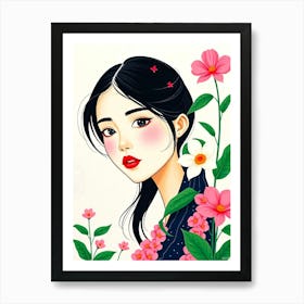 Asian Girl With Flowers Art Print