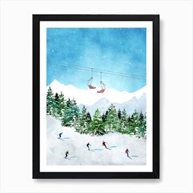 Ski Print, Skiing Print, Ski Gift Print, Ski Wall Art, Ski Mountain Print, Ski Poster, Group Ski Print, Ski Art, Cross Country Ski Print Art Print