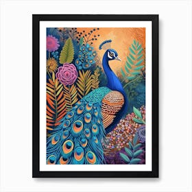 Folky Floral Peacock With The Big Leaves 3 Art Print
