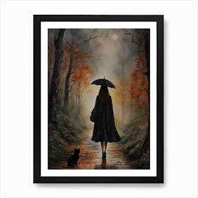 Caught in the Rain - Stopped to Gaze at the Full Moon with Witchy Black Cat in Autumn Woods - Original Watercolor Forest Fairytale Art by Lyra the Lavender Witch - Witches Pagan Gloomy Dark Aesthetic Feature Wall Falling Leaves, Raining Black Umbrella at Dusk Drawing Down the Moon Wiccan Witch HD Art Print