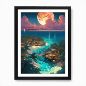 Maldives Village ~ Full Moon Romantic Honeymoon Travel Adventure Visionary Wall Decor Futuristic Sci-Fi Trippy Surrealism Modern Digital  Art Print