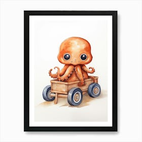 Baby Octopus On A Toy Car, Watercolour Nursery 2 Art Print