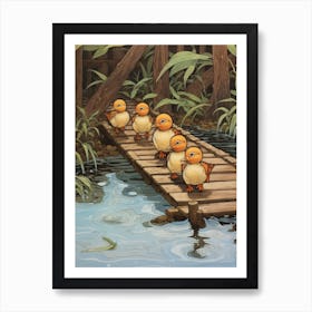 Ducklings On The Wooden Bridge Japanese Woodblock Style 1 Art Print