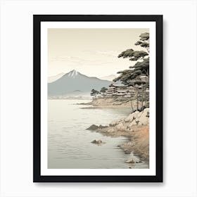 Lake Biwa In Shiga, Ukiyo E Black And White Line Art Drawing 4 Art Print