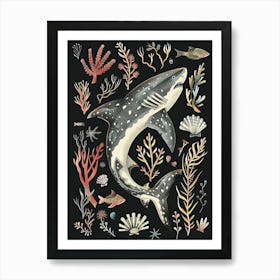 Greenland Shark Seascape Black Background Illustration 2 Art Print