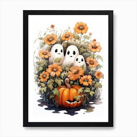 Cute Bedsheet Ghost, Botanical Halloween Watercolour 5 Art Print