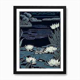 Water Lily Pond Landscapes Waterscape Linocut 2 Art Print
