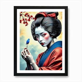 Geisha Woman With Blue Bird Art Print