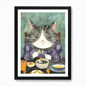 Grey And White Cat Having Breakfast Folk Illustration 2 Art Print