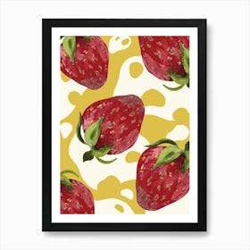 Strawberries red bright on a yellow background with white spots Art Print